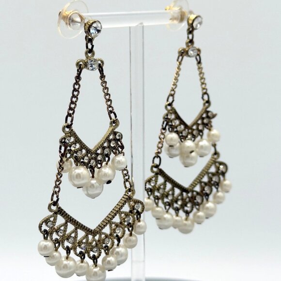 Brass Pearl Chandelier Drop Dangle Earrings Rhinestone Long - Picture 5 of 7